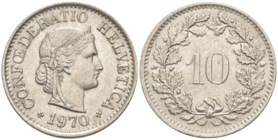 Швейцария 10 раппенов 1970 KM 27 медно-никель 55-425