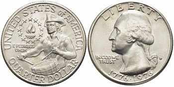США 25 центов (квотер) 1976 D, 200 лет независимости (1776-1976), Вашингтон, барабанщик KM 204 медь плакированная медно-никелем 65-731