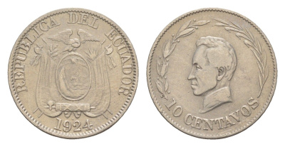 Эквадор 10 сентаво 1924 KM 66 медно-никель 1528-1414