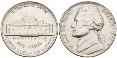 США 5 ЦЕНТОВ 1990 D, ДЖЕФЕРСОН KM А192 медно-никель 4546-1222