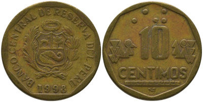 Перу 10 сентимо 1998 LIMA KM 305.2, Schon 104 латунь 4543-716
