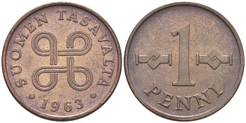 Финляндия 1 пенни 1963 первый год KM 44 медь 100-149