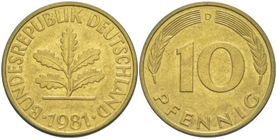ФРГ 10 ПФЕННИГОВ 1981 D KM 108, J. 383 сталь плакированная латунью 219-535