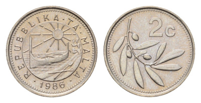 Мальта 2 цента 1986 год-тип, оливковая ветвь KM 79 медно-никель UNC 4689-1142