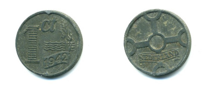 НИДЕРЛАНДЫ 1 ЦЕНТ 1942 ВИЛЬГЕЛЬМИНА (1890-1948) KM 170 цинк 35-1327
