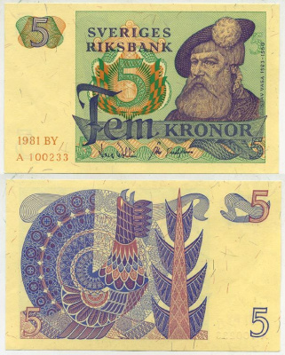 Швеция 5 крон 1981 BY, Густав I Ваза Pick 51d бумага aUNC 444-24-3