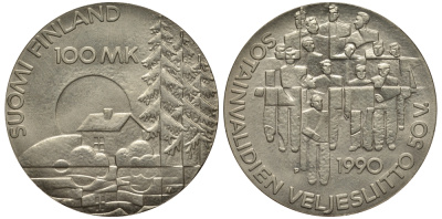 Финляндия 100 марок 1990 50 лет ассоциации ветеранов войны KM 67 серебро UNC 1525-1013