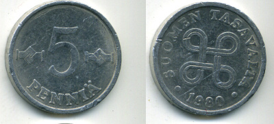 ФИНЛЯНДИЯ 5 ПЕННИ 1980 KM 45a алюминий 61-1223
