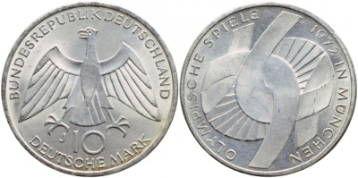 ФРГ 10 марок 1972 J, XX летние Олимпийские игры 1972 года в Мюнхене, символика KM 131, J.402 серебро UNC 1520-1434