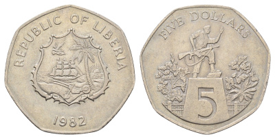 Либерия 5 долларов 1982 KM 44 медно-никель 4672-1016
