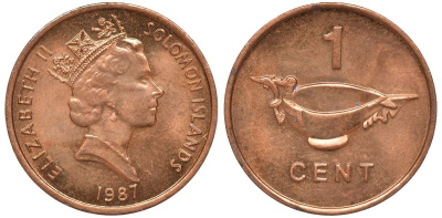 Соломоновы острова 1 цент 1987 Елизавета II (1953-) KM 24 сталь плакированная бронзой aUNC 4602-868