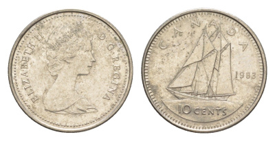 Канада 10 центов 1983 Елизавета II (1952-2022), парусник KM 77 никель 4639-645