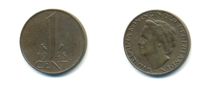 Нидерланды 1 цент 1948 Вильгельмина (1890-1948), год тип KM 175 бронза 80-946