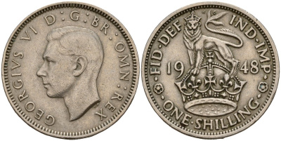 Великобритания 1 шиллинг 1948 Георг VI (1936-1952), Английский шиллинг KM 863, Spink 4103 медно-никель 4187-1053