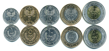 МАВРИТАНИЯ ЛОТ ИЗ 5 МОНЕТ 2009-2010 (1, 5, 10, 20, 50 ОУГУЙА), ДВЕ МОНЕТЫ БИМЕТАЛЛ UNC 00-00