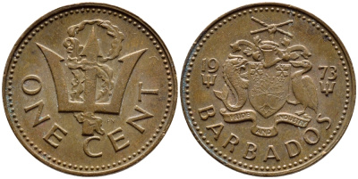 Барбадос 1 цент 1973 сломанный трезубец Британии KM 10 бронза 4396-1235