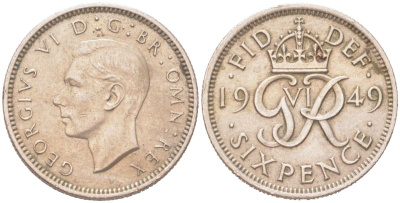 Великобритания 6 пенсов 1949 Георг VI (1936-1952) KM 875, Spink 4110 медно-никель 4614-823