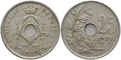 Бельгия 25 сантимов 1921 BELGIE KM 69 медно-никель 4171-646