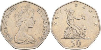Великобритания 50 пенсов 1969 Елизавета II (1952-2022) KM 913, Spink 4223 (H1) медно-никель 4117-631