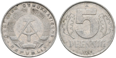 ГДР 5 пфеннигов 1968 А KM 9.1 алюминий 4564-1036