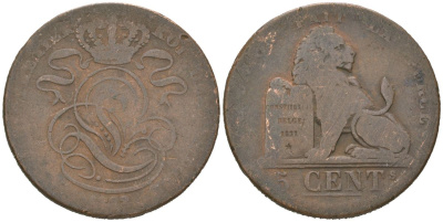 Бельгия 5 сантимов 1833? Леопольд I (1831-1865) KM 5.1 медь 113-1026