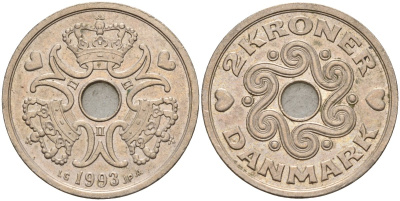 Дания 2 кроны 1993 LG; JP; A, Маргрете II (1972- ) KM 874.1 медно-никель 4143-1211