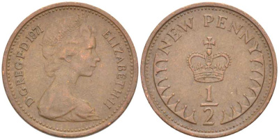 Великобритания 1/2 пенни 1971 Елизавета II (1952-2022) KM 914, Spink 4239 бронза 4387-549