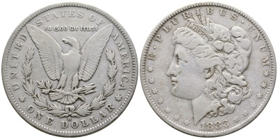 США 1 доллар 1883 O, Морган доллар, монетный двор Орлеан KM 110 серебро 272-134