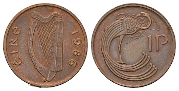 Ирландия 1 пенни 1986 мифологическая птица лира KM 20 бронза 4682-537