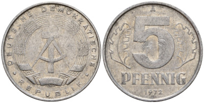 ГДР 5 пфеннигов 1972 A KM 9.1 алюминий 218-354