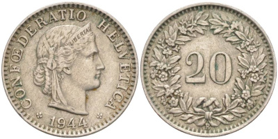 ШВЕЙЦАРИЯ 20 РАППЕНОВ 1944 В KM 29a медно-никель 55-721