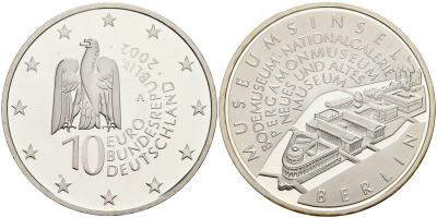 ФРГ 10 евро 2002 А, музейный остров в Берлине KM 218, DE. S. 10.4 серебро PROOF 1076-3-13