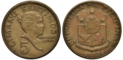 ФИЛИППИНЫ 5 СЕНТИМО 1972 МЕЛЬХОРА АКУИНО KM 197 латунь F 4181-354