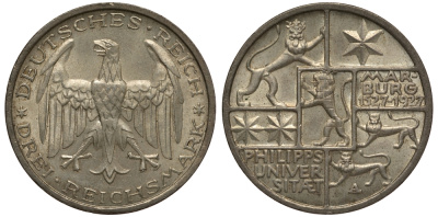 Германия 3 марки 1927 A, 400 лет Университету Марбурга J. 330, KM 53 серебро 00-819-08