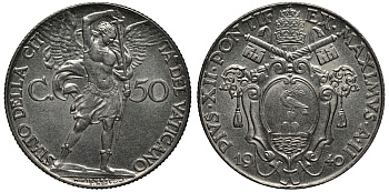 ВАТИКАН 50 ЧЕНТЕЗИМО 1940 ГОД II, ПАПА ПИЙ XII (1939-1958), АРХАНГЕЛ МИХАИЛ KM 25а нержавеющая сталь XF+ 3896-1623