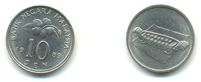 Малайзия 10 сенов 1989 цветок KM 51 медно-никель 3999-546