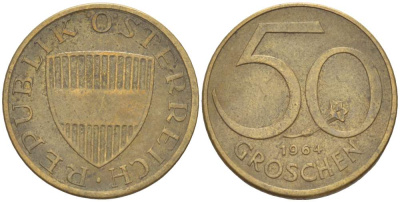 АВСТРИЯ 50 ГРОШЕЙ 1964 KM 2885 алюминиевая бронза 4523-232