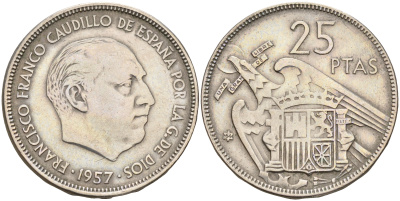 Испания 25 песет 1957 (64) Франсиско Франко (1939-1975) KM 787 медно-никель 4144-213
