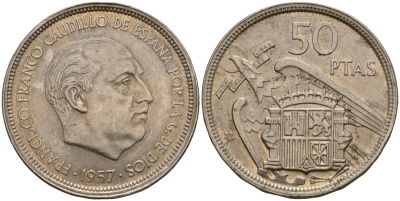 Испания 50 песет 1957 (58) Франсиско Франко (1939-1975) KM 788 медно-никель 189-1032