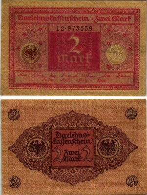 ГЕРМАНИЯ 2 МАРКИ 1920 1 МАРТА 1920, ВЕЙМАРСКАЯ РЕСПУБЛИКА, КРАСНАЯ, СЕРИЯ 12 Pick 59, Rosenberg 65b бумага XF+ 7183-15-1-1
