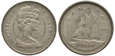 КАНАДА 10 ЦЕНТОВ 1969 ПАРУСНИК, ВЕС 2,07 ГР. KM 77.1 никель F 4181-332