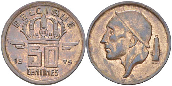 БЕЛЬГИЯ 50 САНТИМОВ 1975 BELGIQUE, БОДУЭН I (1951-1993) KM 148.1 бронза 214-462