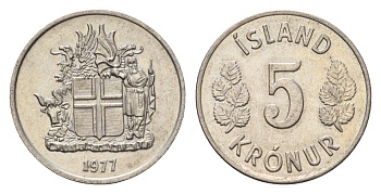 Исландия 5 крон 1977 KM 18 медно-никель UNC 4687-911