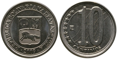 Венесуэла 10 сентимо 2009 KM 89, Schon 102 сталь плакированная никелем 4576-836