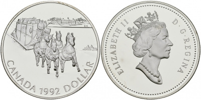 Канада 1 доллар 1992 зимний дилижанс КМ 210 серебро PROOF 1087-1-64