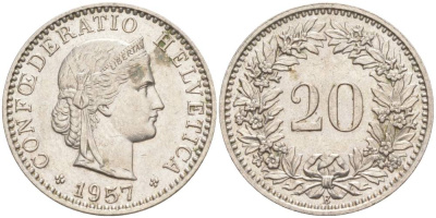 Швейцария 20 раппенов 1957 В KM 29a медно-никель 55-742