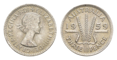 Австралия 3 пенса 1959 Елизавета II (1952-2022) KM 57 серебро aUNC 4649-1113