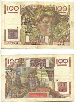 ФРАНЦИЯ 100 ФРАНКОВ 1950 12 НОЯБРЯ 1950 Pick 128c бумага 3295-29-1