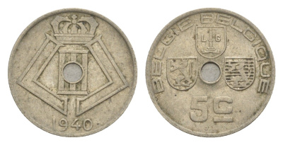 Бельгия 5 сантимов 1940 Belgie - Belgique, Леопольд III (1934-1947) KM 111 никель латунь 4640-1053