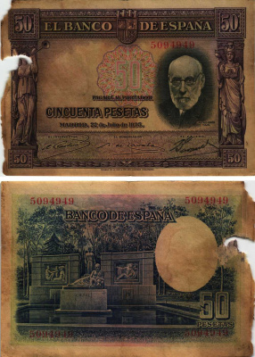 ИСПАНИЯ 50 ПЕСЕТ 1935 МАДРИД, 25 ИЮЛЯ 1935, САНТЬЯГО РАМОН-и-КАХАЛЬ (1852-1934), №5094949 Pick 88 бумага 8609-31-1-2